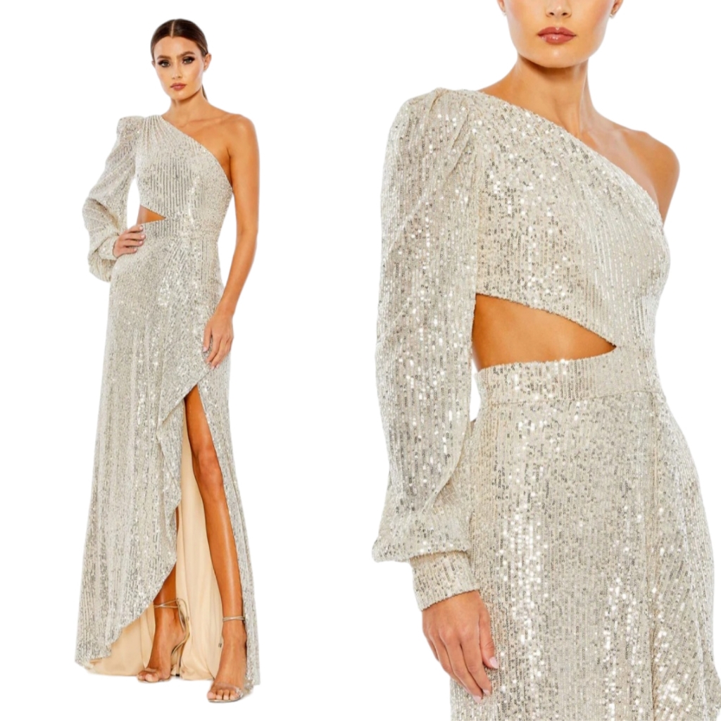Ieena Mac Duggal $398 Size 8 Sequin One Shoulder Cut Out 26730 Silver Dress